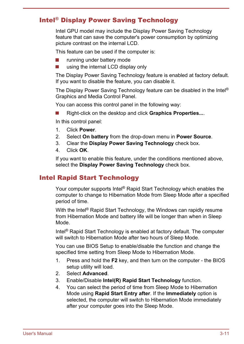 Intel® display power saving technology, Intel rapid start technology, Intel | Display power saving technology | Toshiba Satellite U920T User Manual | Page 51 / 115