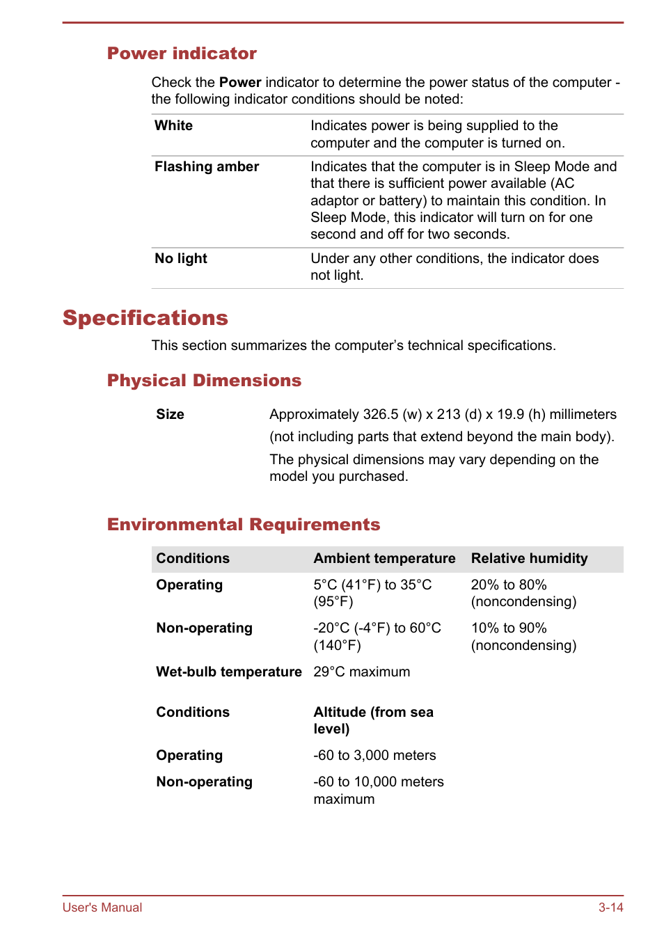 Power indicator, Specifications, Physical dimensions | Environmental requirements, Specifications -14 | Toshiba Satellite U920T User Manual | Page 54 / 115
