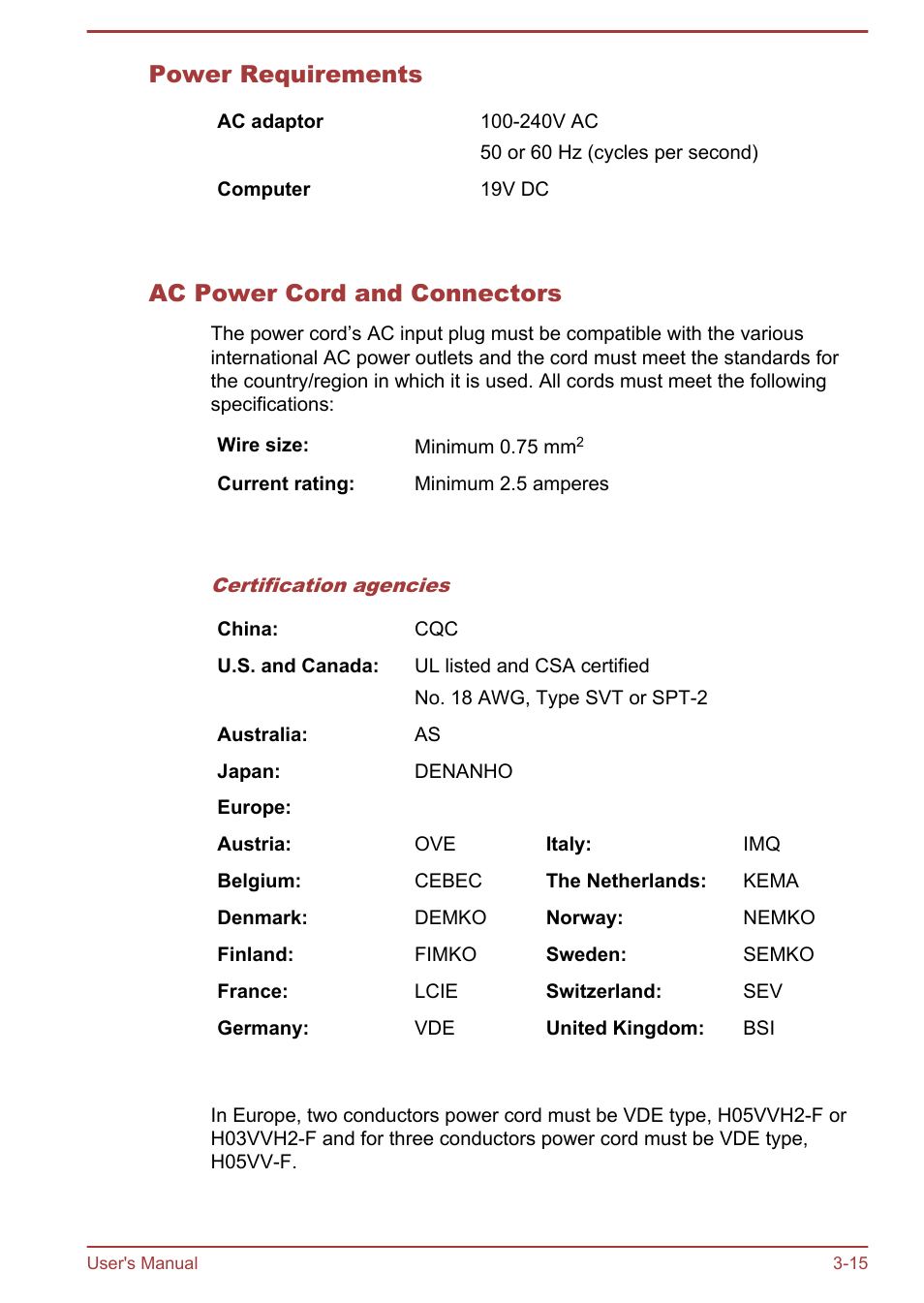 Power requirements, Ac power cord and connectors | Toshiba Satellite U920T User Manual | Page 55 / 115