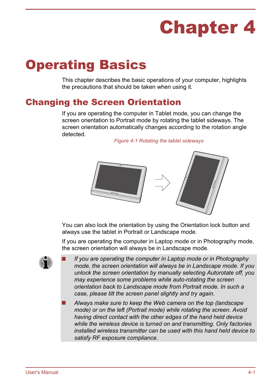 Chapter 4 operating basics, Changing the screen orientation, Chapter 4 | Operating basics, Changing the screen orientation -1 | Toshiba Satellite U920T User Manual | Page 57 / 115