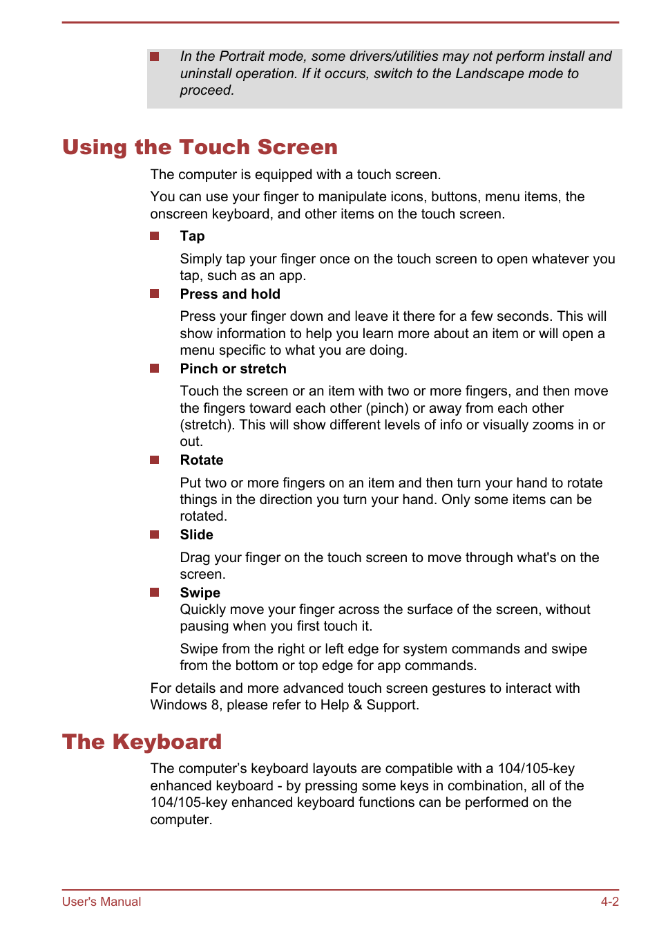 Using the touch screen, The keyboard, Using the touch screen -2 the keyboard -2 | Toshiba Satellite U920T User Manual | Page 58 / 115