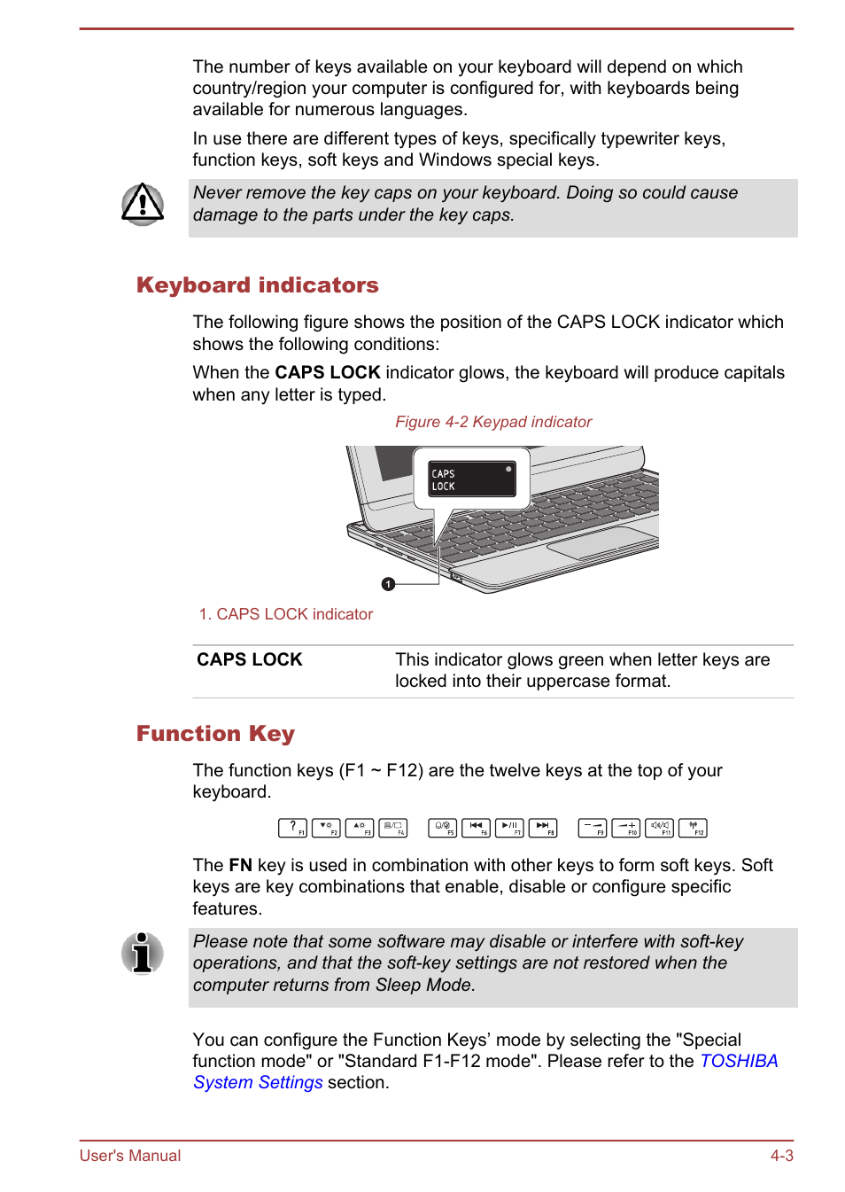 Keyboard indicators, Function key | Toshiba Satellite U920T User Manual | Page 59 / 115