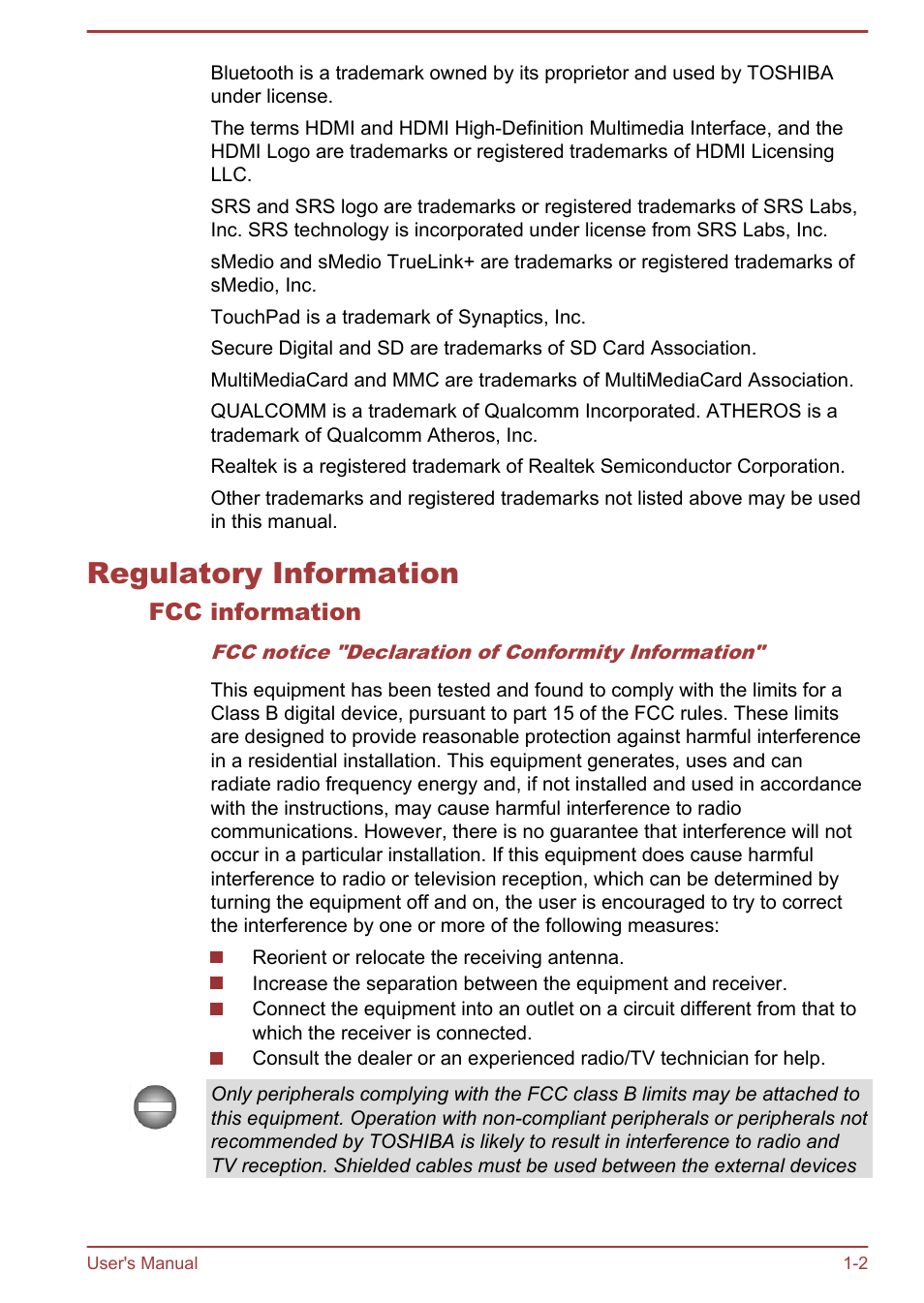 Regulatory information, Fcc information, Regulatory information -2 | Toshiba Satellite U920T User Manual | Page 6 / 115