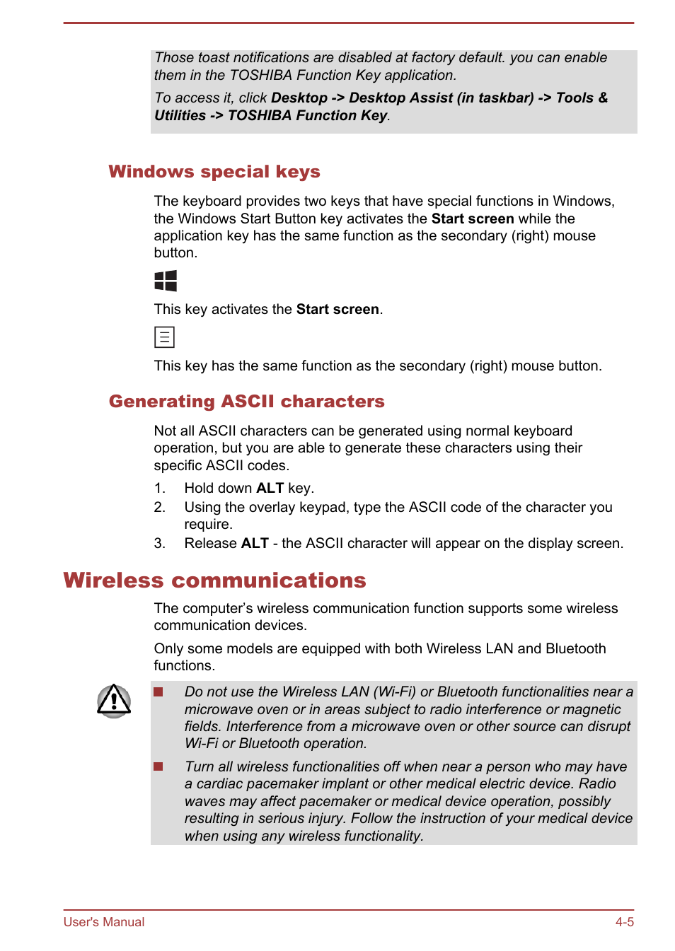 Windows special keys, Generating ascii characters, Wireless communications | Wireless communications -5 | Toshiba Satellite U920T User Manual | Page 61 / 115