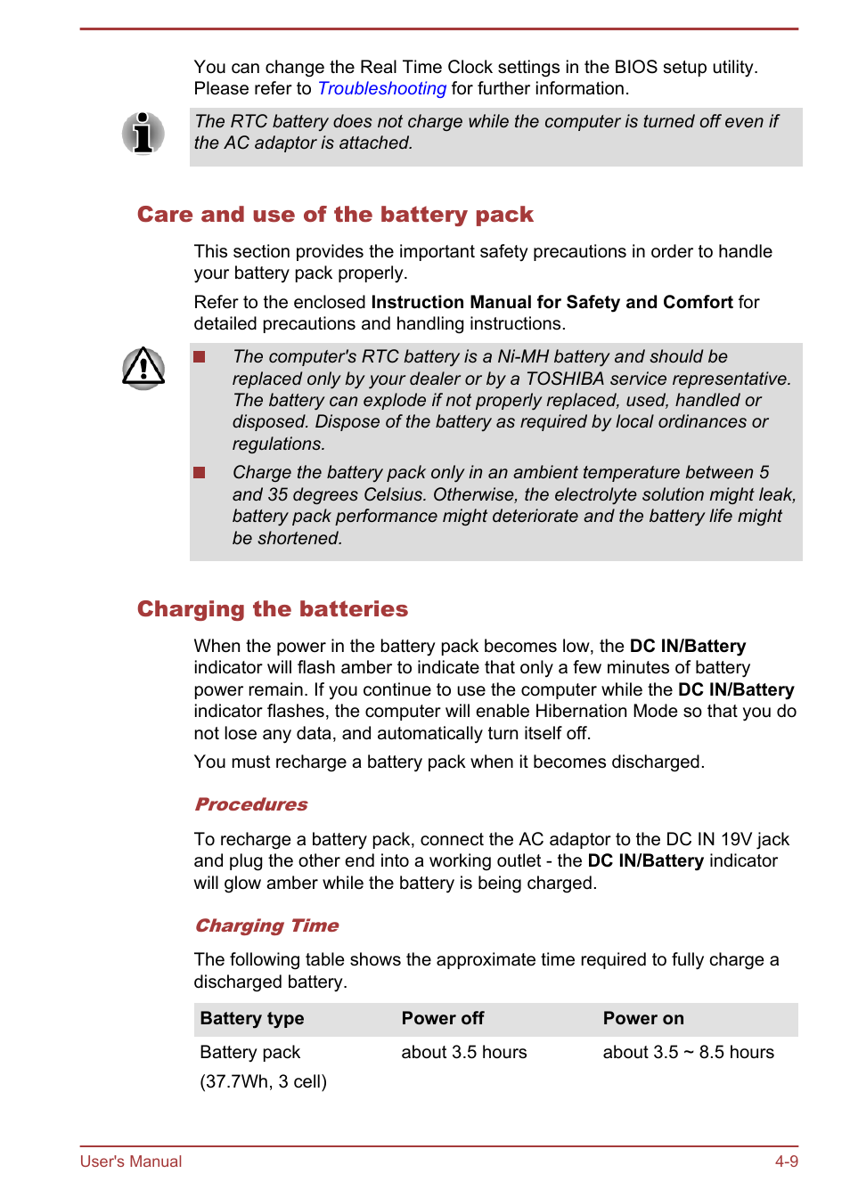 Care and use of the battery pack, Charging the batteries | Toshiba Satellite U920T User Manual | Page 65 / 115