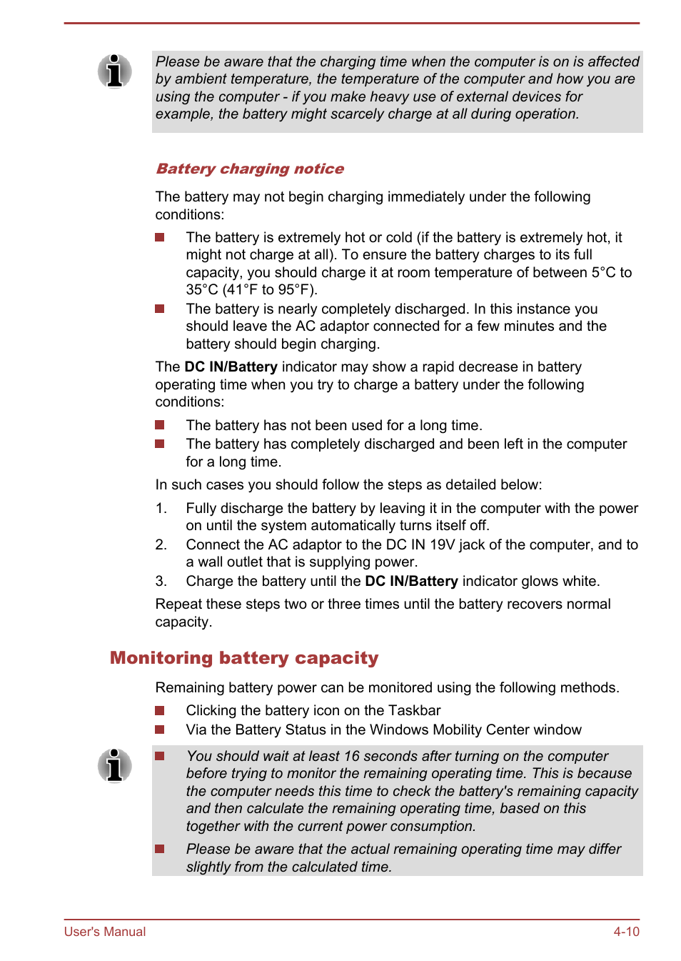 Monitoring battery capacity | Toshiba Satellite U920T User Manual | Page 66 / 115