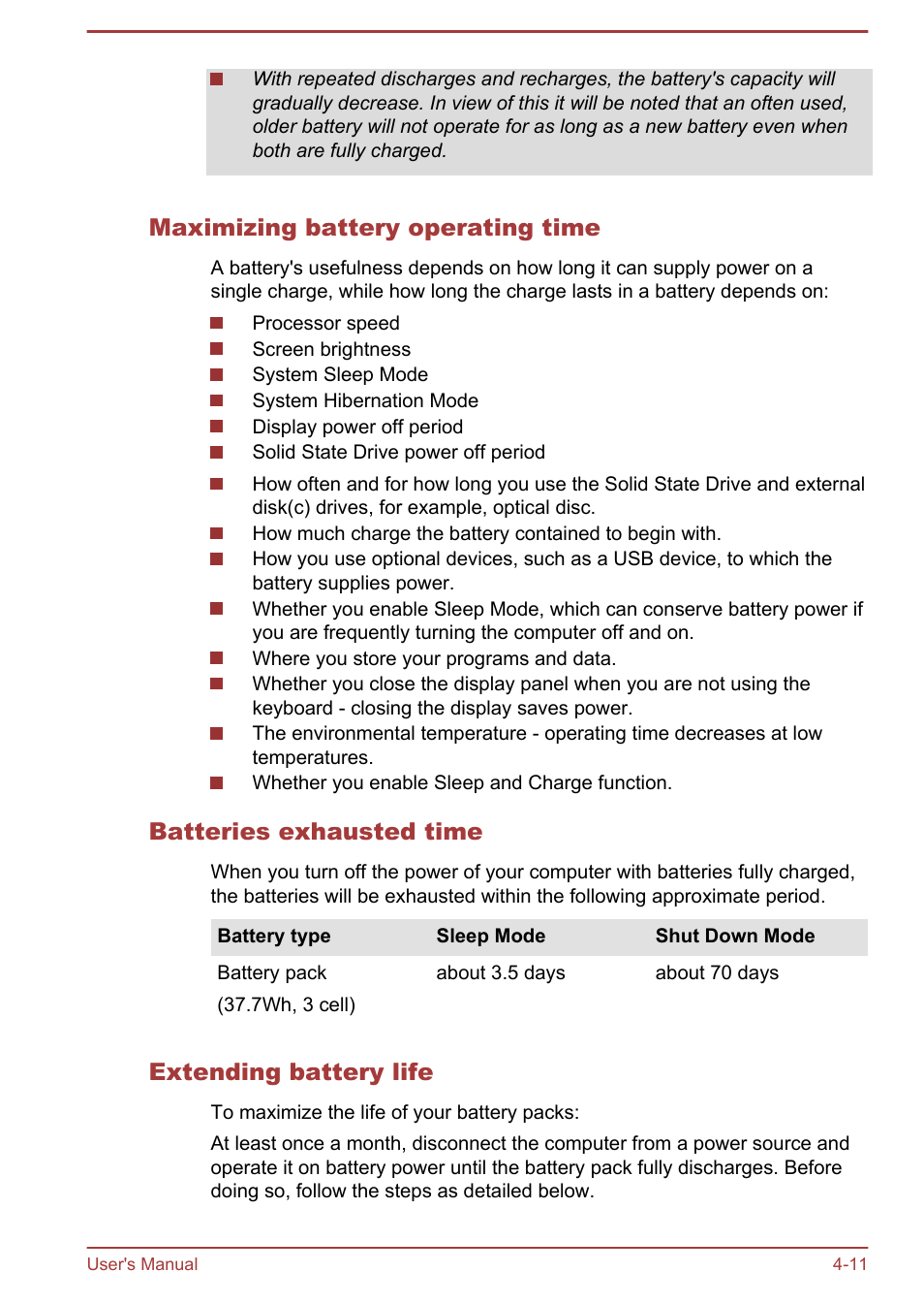 Maximizing battery operating time, Batteries exhausted time, Extending battery life | Toshiba Satellite U920T User Manual | Page 67 / 115