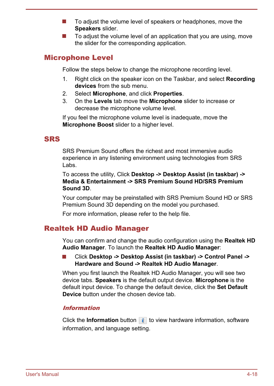 Microphone level, Realtek hd audio manager | Toshiba Satellite U920T User Manual | Page 74 / 115