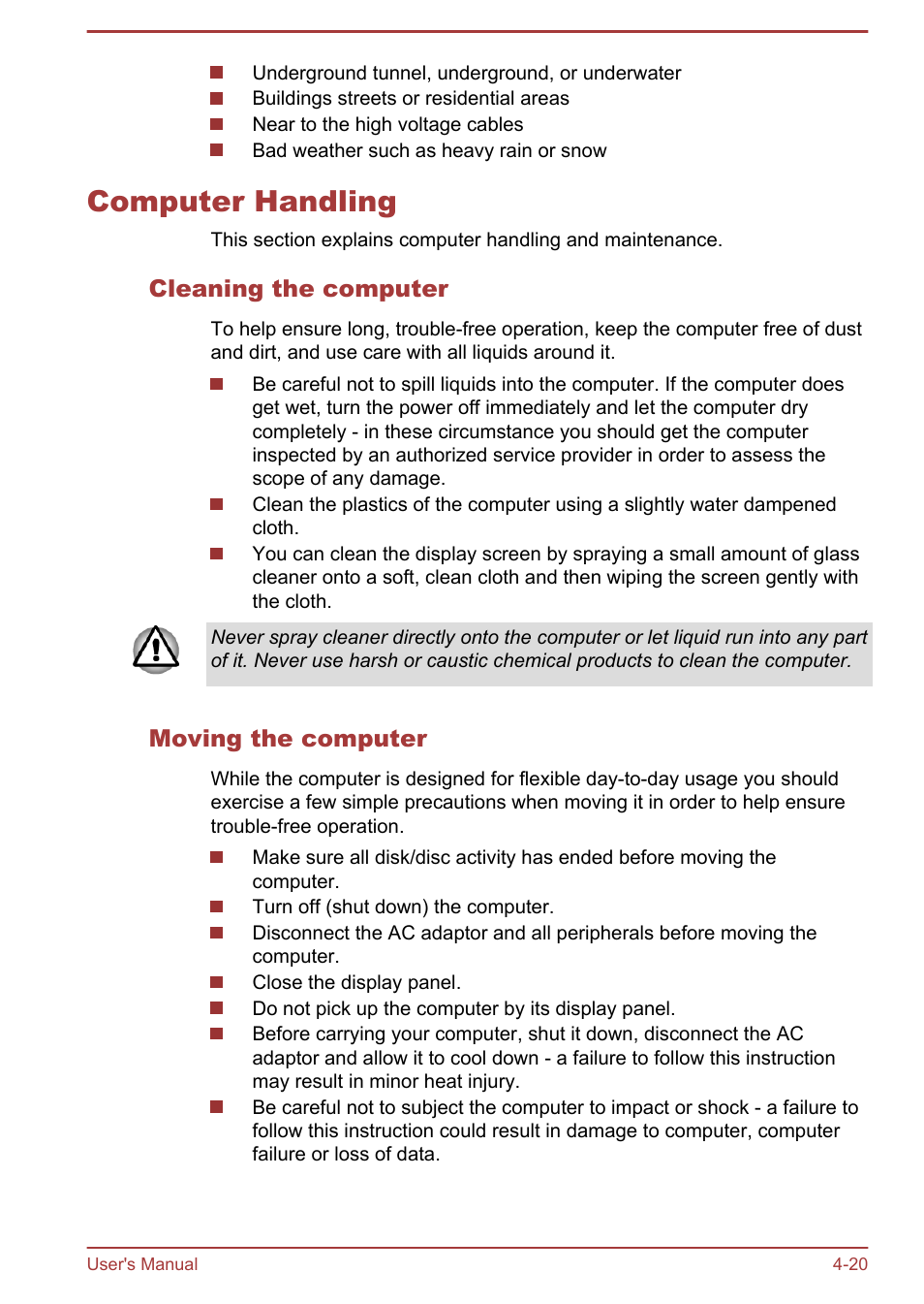 Computer handling, Cleaning the computer, Moving the computer | Computer handling -20 | Toshiba Satellite U920T User Manual | Page 76 / 115