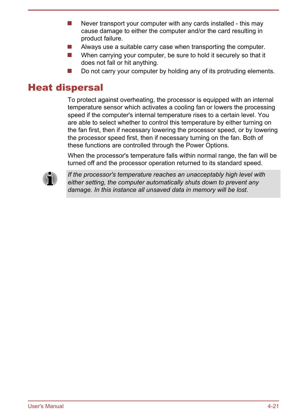 Heat dispersal, Heat dispersal -21 | Toshiba Satellite U920T User Manual | Page 77 / 115