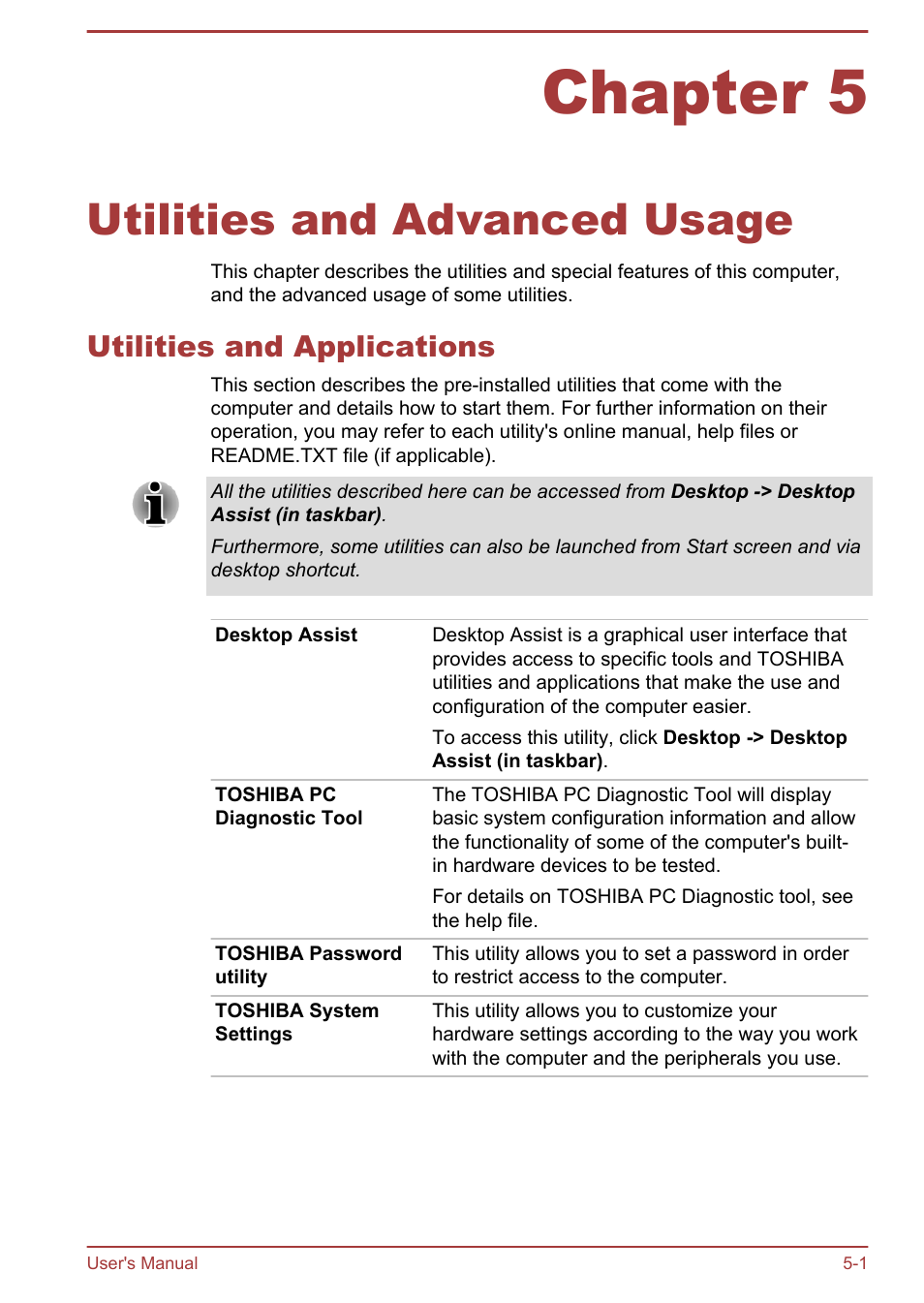 Chapter 5 utilities and advanced usage, Utilities and applications, Chapter 5 | Utilities and advanced usage, Utilities and applications -1 | Toshiba Satellite U920T User Manual | Page 78 / 115