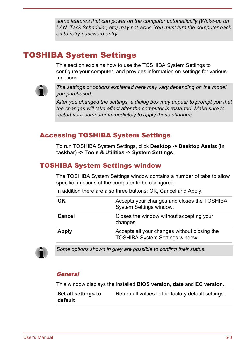 Toshiba system settings, Accessing toshiba system settings, Toshiba system settings window | Toshiba system settings -8, Toshiba, System settings, Section | Toshiba Satellite U920T User Manual | Page 85 / 115