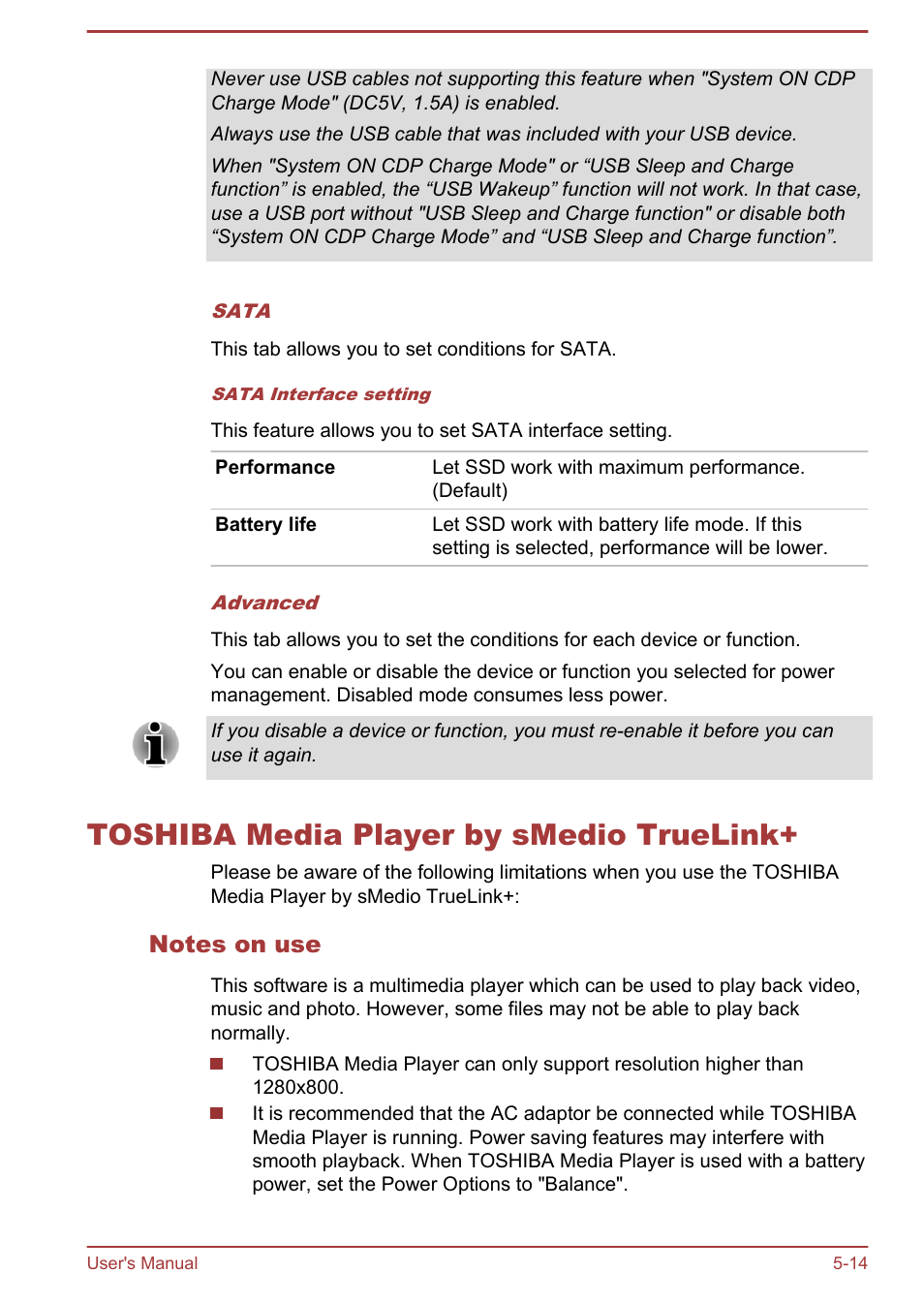 Toshiba media player by smedio truelink, Notes on use, Toshiba media player by smedio truelink+ -14 | Toshiba Satellite U920T User Manual | Page 91 / 115