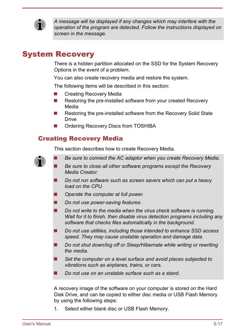 System recovery, Creating recovery media, System recovery -17 | Toshiba Satellite U920T User Manual | Page 94 / 115