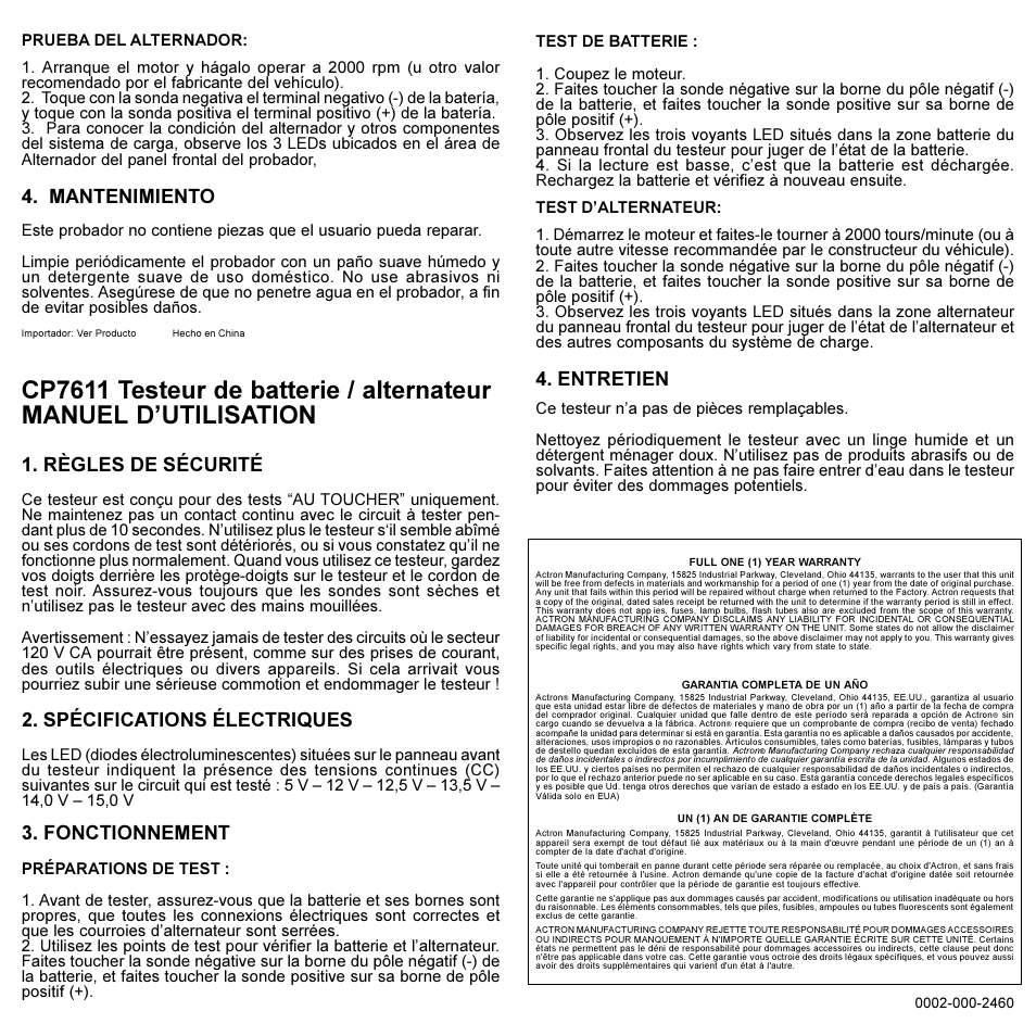 Mantenimiento, Règles de sécurité, Spécifications électriques | Fonctionnement, Entretien | Actron Battery/Alternator Tester CP7611 User Manual | Page 2 / 2