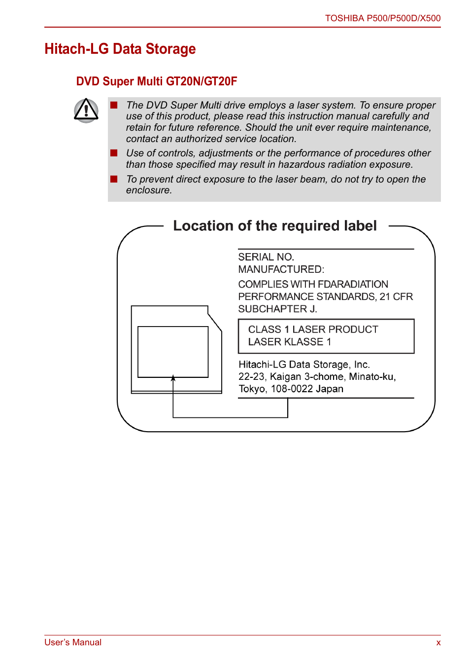 Hitach-lg data storage, Dvd super multi gt20n/gt20f | Toshiba SATELLITE P500 User Manual | Page 10 / 202