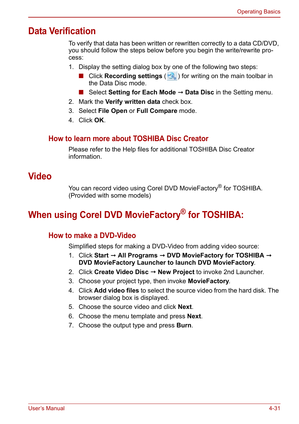 Data verification, Video, When using corel dvd moviefactory® for toshiba | When using corel dvd moviefactory, For toshiba | Toshiba SATELLITE P500 User Manual | Page 108 / 202