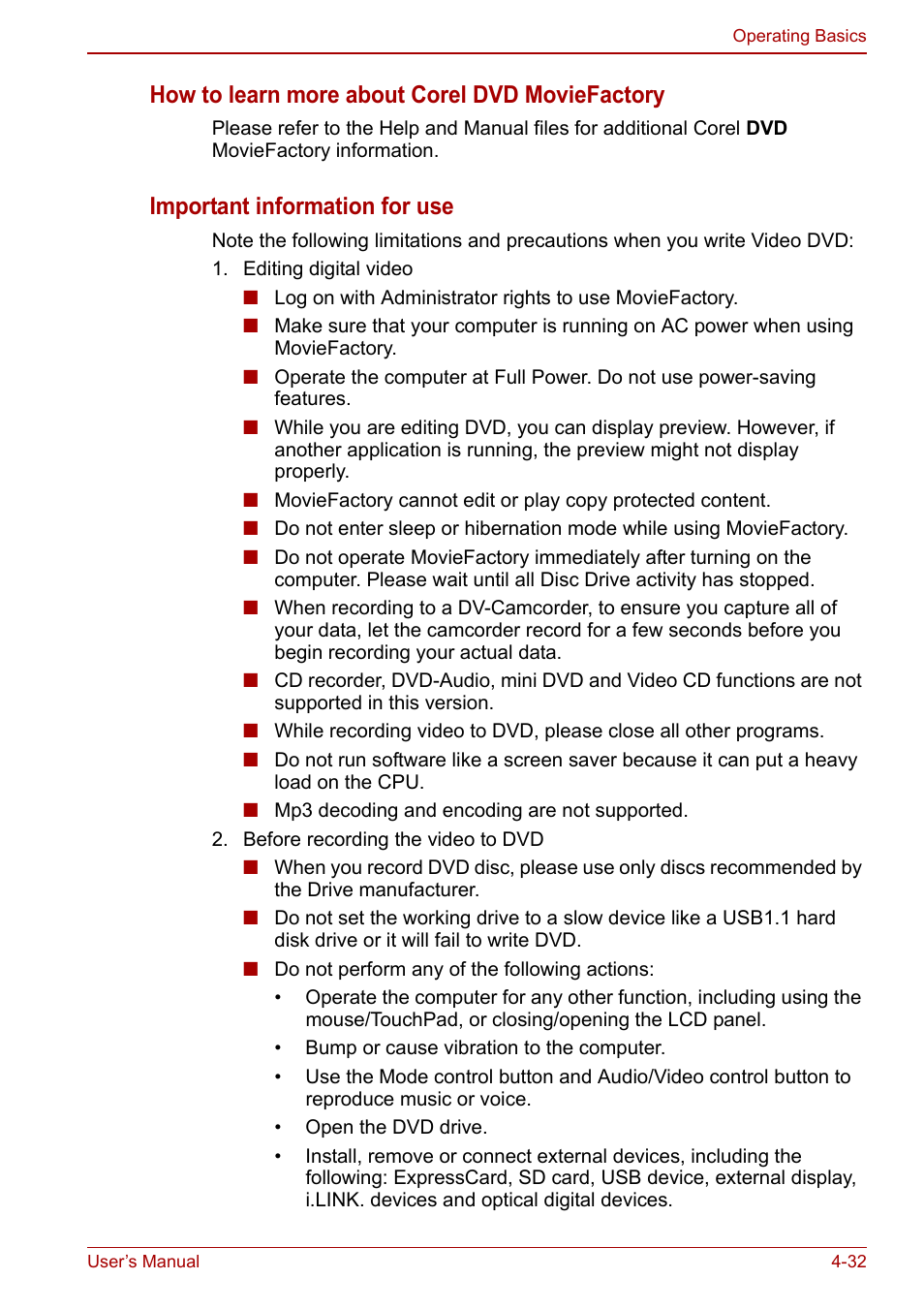 How to learn more about corel dvd moviefactory, Important information for use | Toshiba SATELLITE P500 User Manual | Page 109 / 202