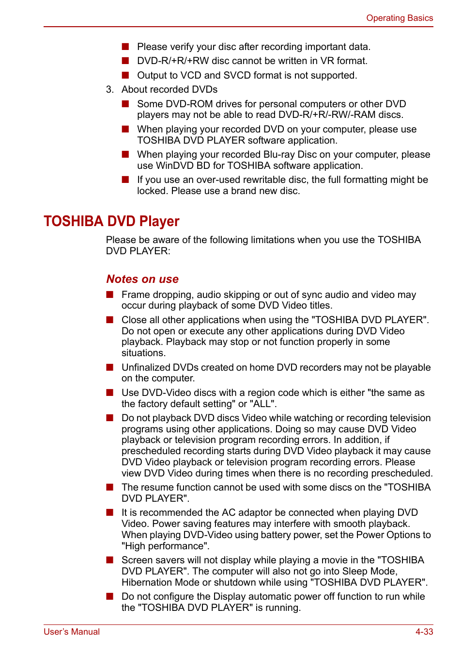 Toshiba dvd player, Toshiba dvd player -33 | Toshiba SATELLITE P500 User Manual | Page 110 / 202