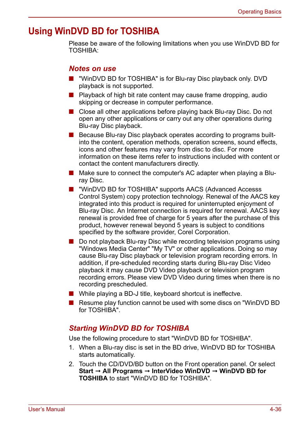 Using windvd bd for toshiba, Using windvd bd for toshiba -36 | Toshiba SATELLITE P500 User Manual | Page 113 / 202