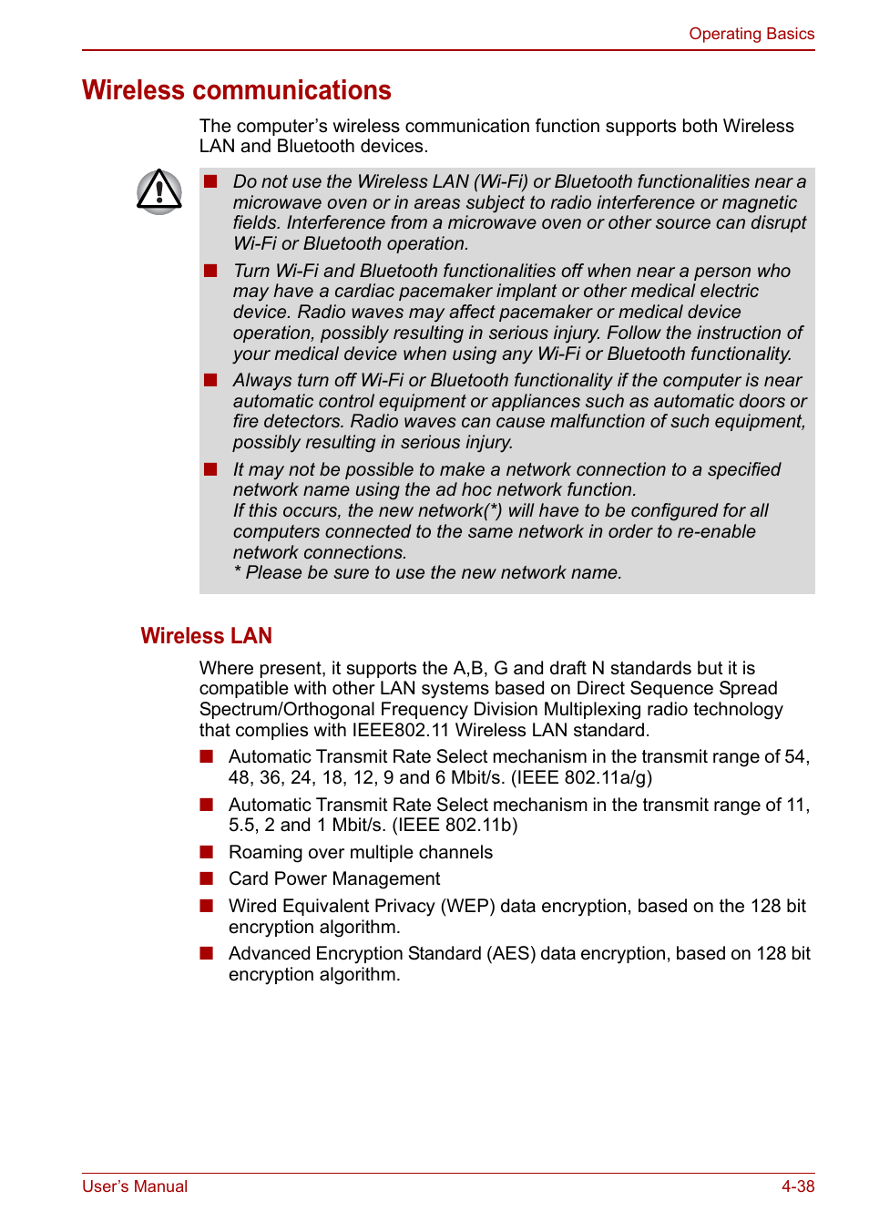 Wireless communications, Wireless communications -38, Wireless lan | Toshiba SATELLITE P500 User Manual | Page 115 / 202