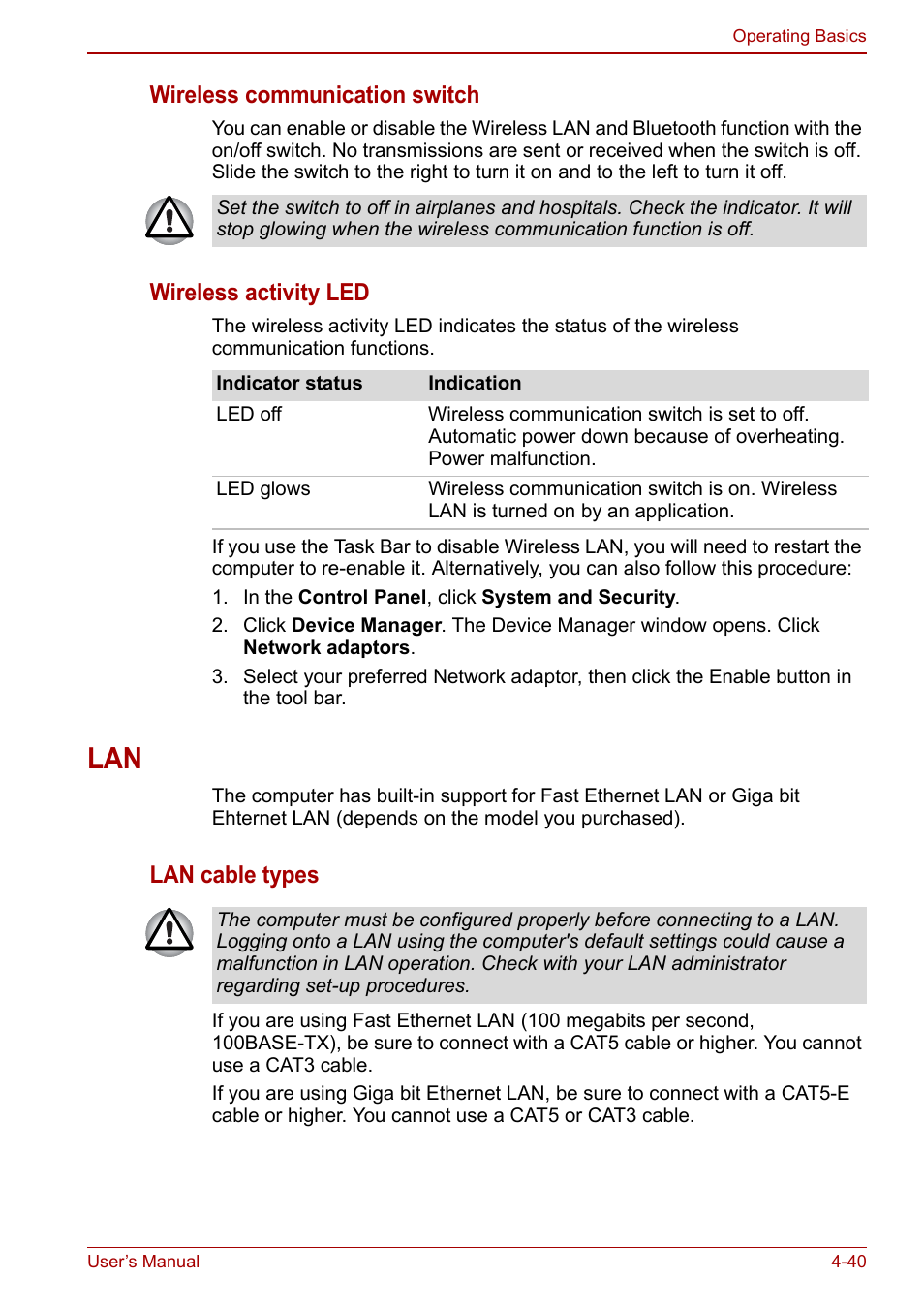 Lan -40, Wireless communication switch, Wireless activity led | Lan cable types | Toshiba SATELLITE P500 User Manual | Page 117 / 202