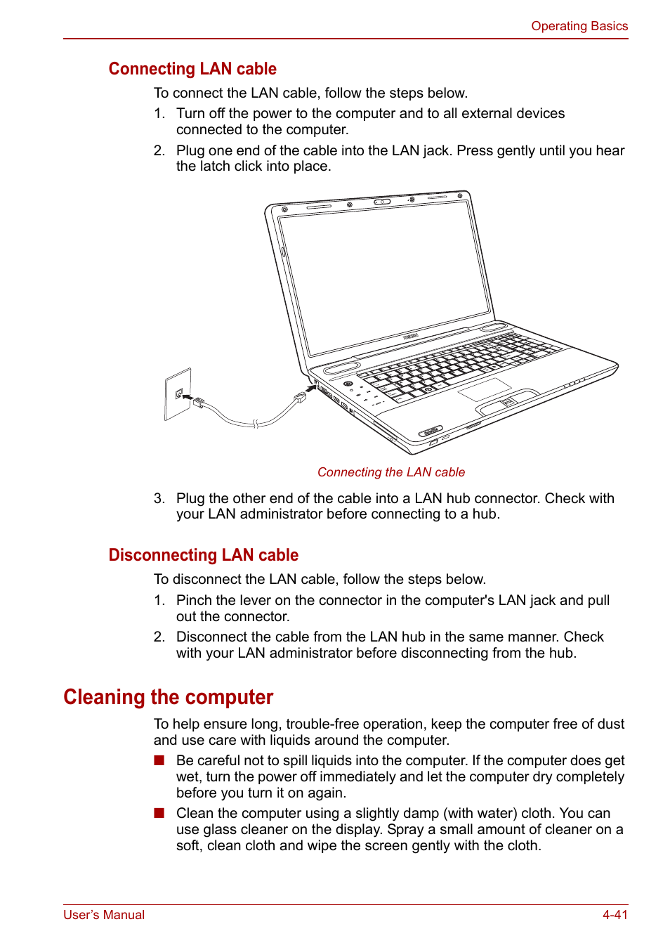 Cleaning the computer, Cleaning the computer -41, Connecting lan cable | Disconnecting lan cable | Toshiba SATELLITE P500 User Manual | Page 118 / 202