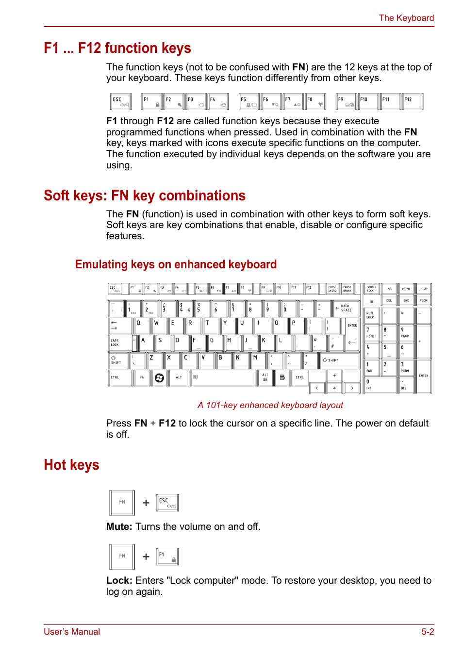 F1 ... f12 function keys, Soft keys: fn key combinations, Hot keys | Toshiba SATELLITE P500 User Manual | Page 123 / 202