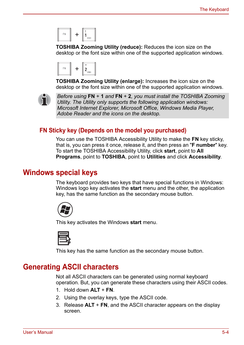 Windows special keys, Generating ascii characters | Toshiba SATELLITE P500 User Manual | Page 125 / 202