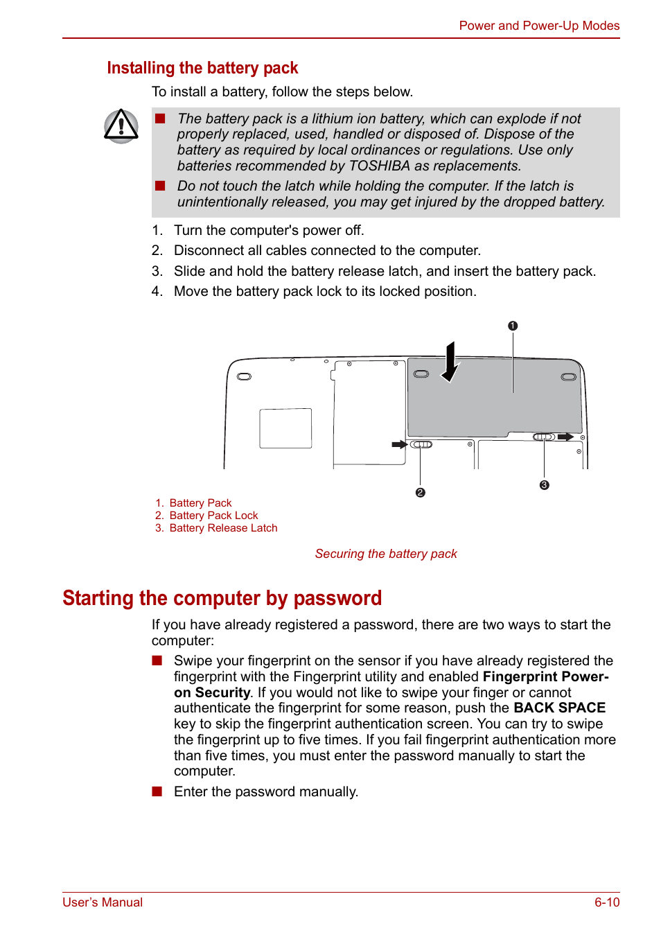 Starting the computer by password, Starting the computer by password -10, Installing the battery pack | Toshiba SATELLITE P500 User Manual | Page 135 / 202