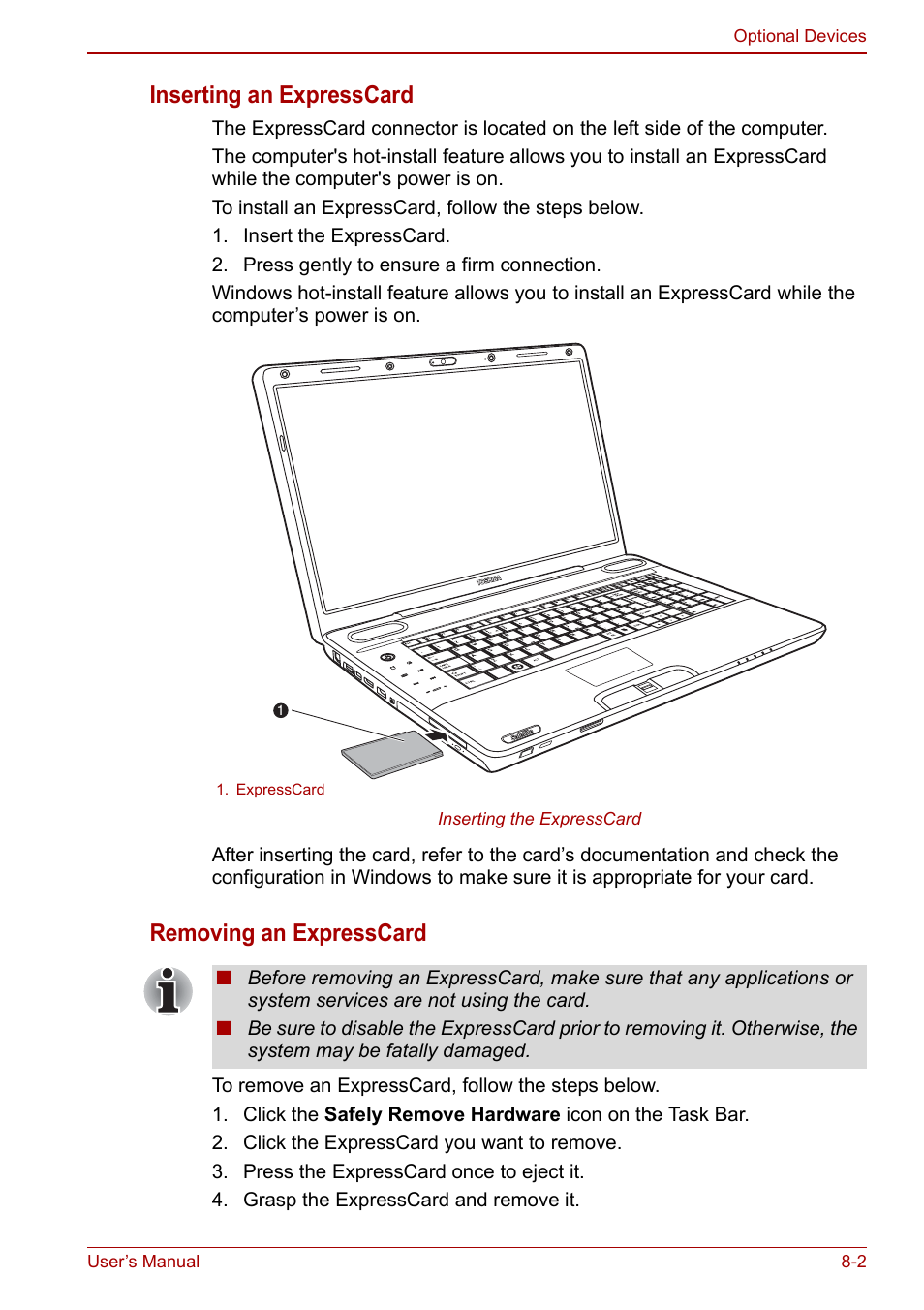 Inserting an expresscard, Removing an expresscard | Toshiba SATELLITE P500 User Manual | Page 141 / 202