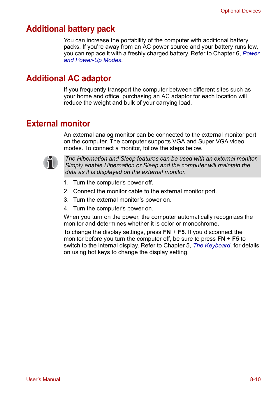 Additional battery pack, Additional ac adaptor, External monitor | Toshiba SATELLITE P500 User Manual | Page 149 / 202