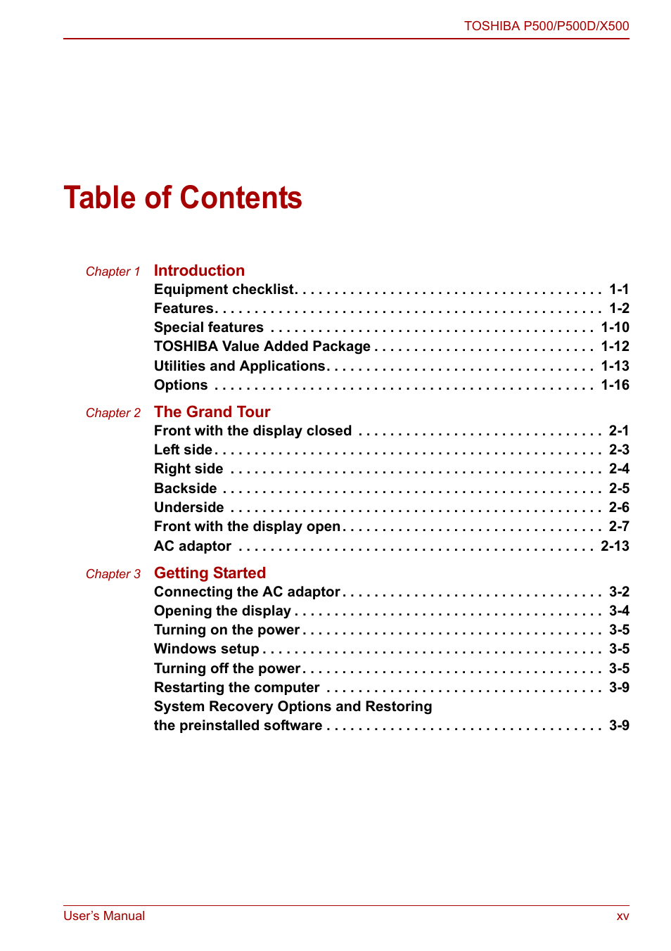 Toshiba SATELLITE P500 User Manual | Page 15 / 202