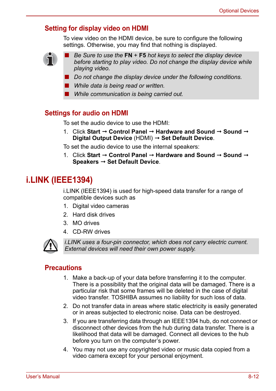 I.link (ieee1394), I.link (ieee1394) -12, Setting for display video on hdmi | Settings for audio on hdmi, Precautions | Toshiba SATELLITE P500 User Manual | Page 151 / 202