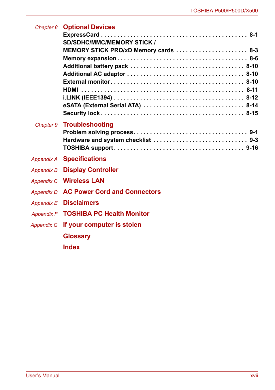 Toshiba SATELLITE P500 User Manual | Page 17 / 202