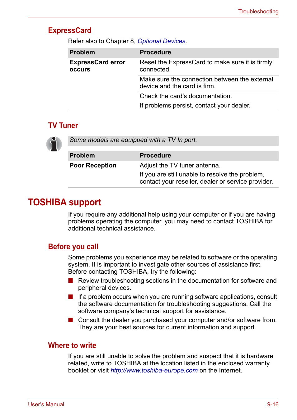 Toshiba support, Toshiba support -16, Expresscard | Tv tuner, Before you call, Where to write | Toshiba SATELLITE P500 User Manual | Page 170 / 202