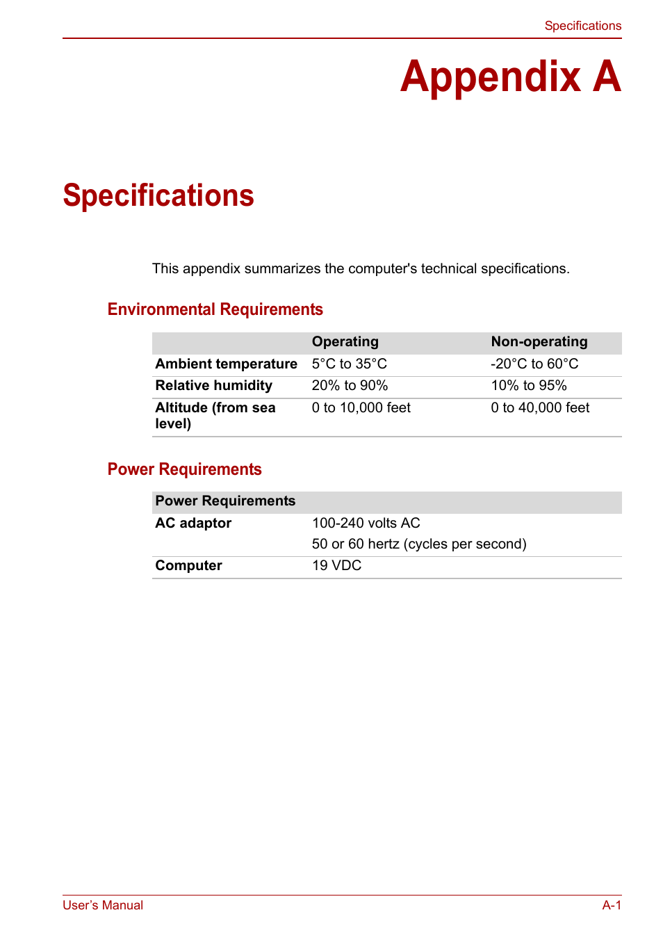 Appendix a: specifications, Appendix a, Specifications | Appendices | Toshiba SATELLITE P500 User Manual | Page 171 / 202