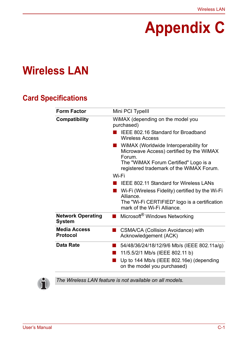 Appendix c: wireless lan, Appendix c, Wireless lan | Card specifications | Toshiba SATELLITE P500 User Manual | Page 173 / 202