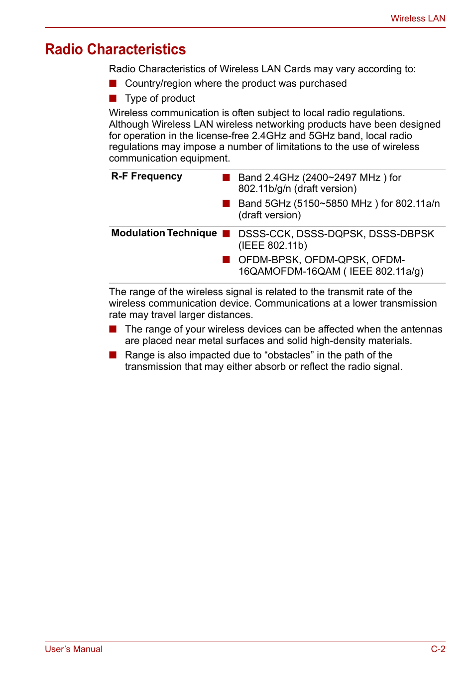 Radio characteristics | Toshiba SATELLITE P500 User Manual | Page 174 / 202