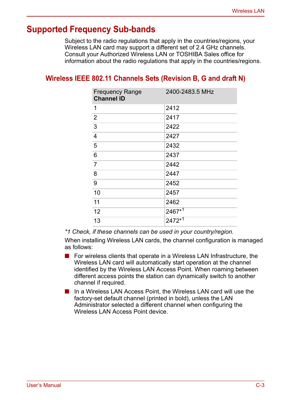 Supported frequency sub-bands | Toshiba SATELLITE P500 User Manual | Page 175 / 202