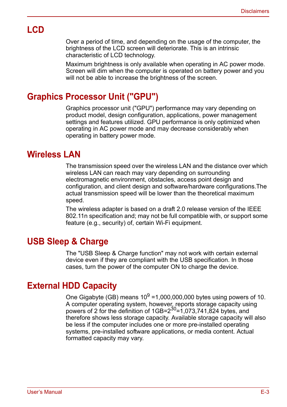 Graphics processor unit ("gpu"), Wireless lan, Usb sleep & charge | External hdd capacity | Toshiba SATELLITE P500 User Manual | Page 180 / 202