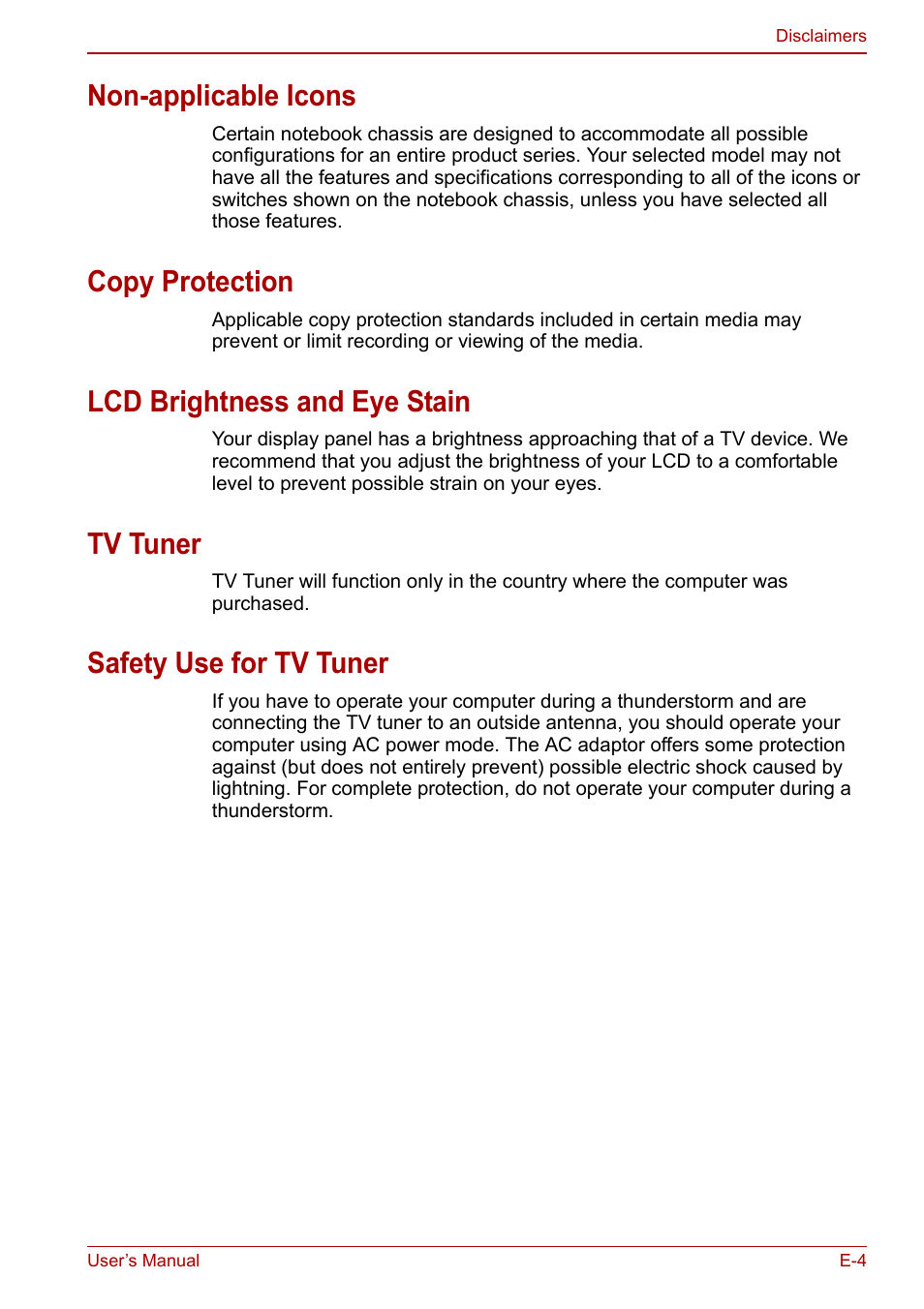 Non-applicable icons, Copy protection, Lcd brightness and eye stain | Tv tuner, Safety use for tv tuner | Toshiba SATELLITE P500 User Manual | Page 181 / 202