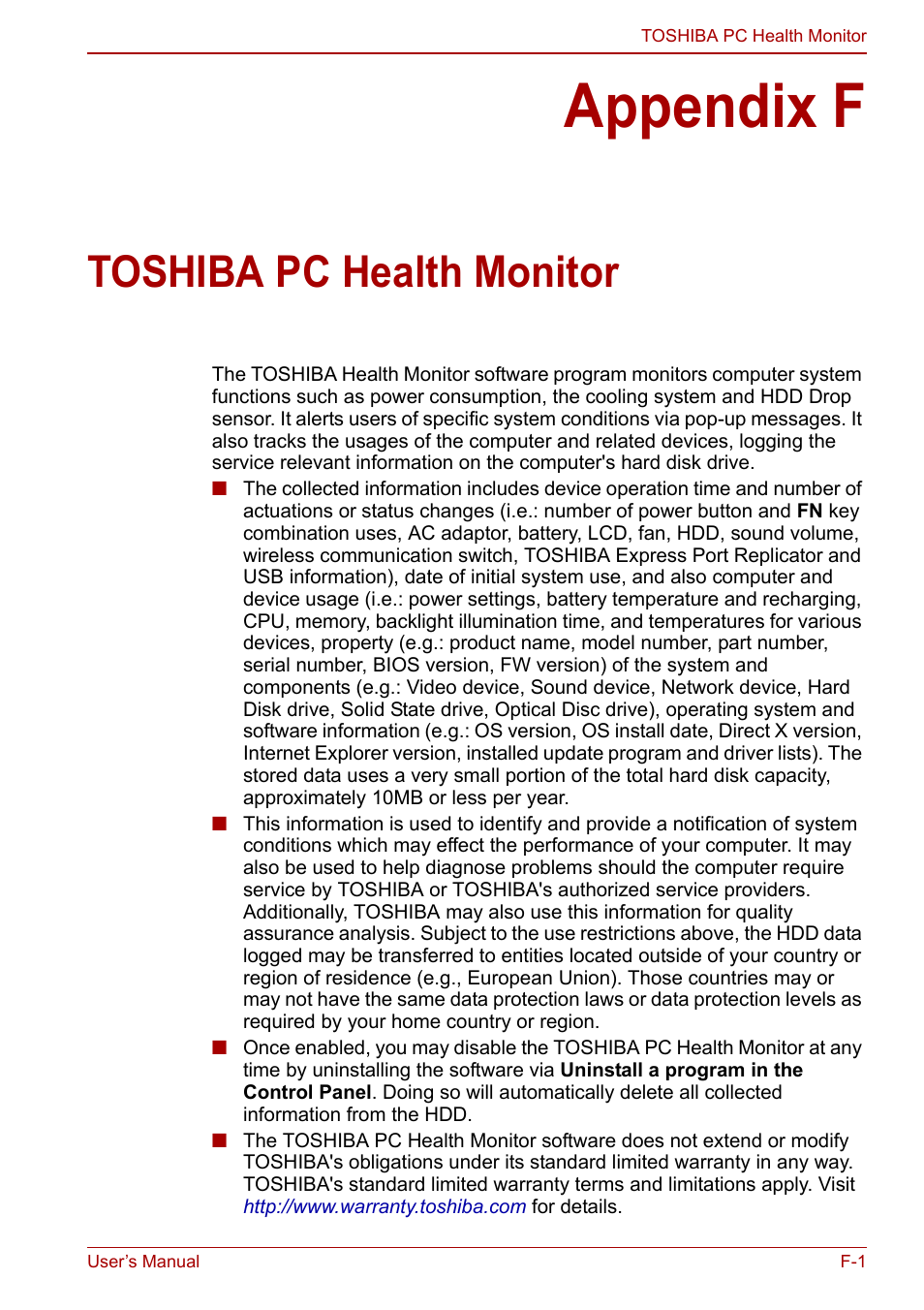 Appendix f: toshiba pc health monitor, Appendix f, Toshiba pc health monitor | Toshiba SATELLITE P500 User Manual | Page 182 / 202