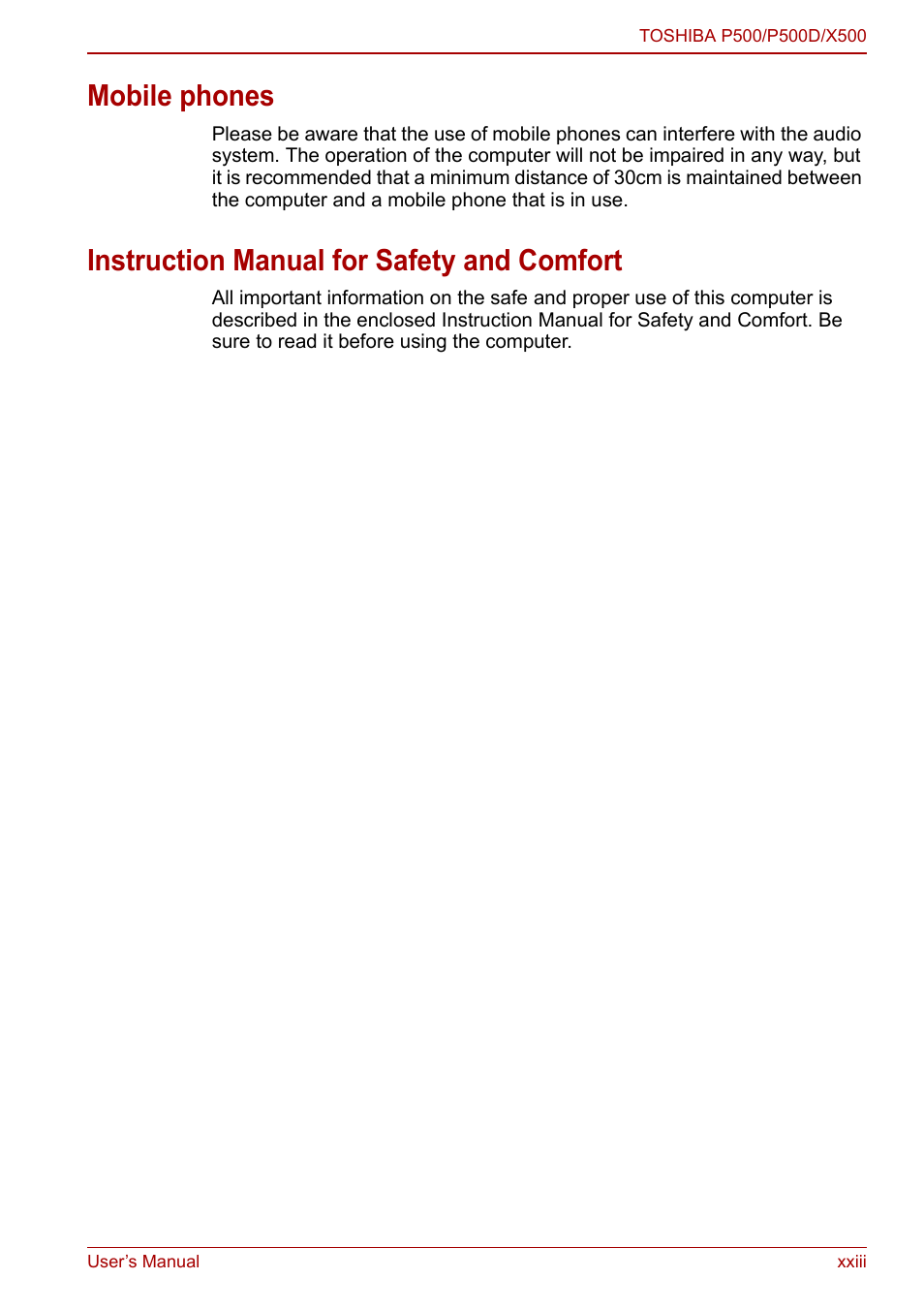 Mobile phones, Instruction manual for safety and comfort | Toshiba SATELLITE P500 User Manual | Page 23 / 202