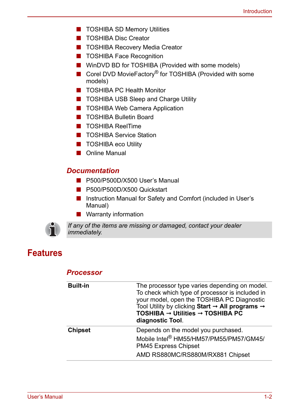 Features, Features -2 | Toshiba SATELLITE P500 User Manual | Page 25 / 202