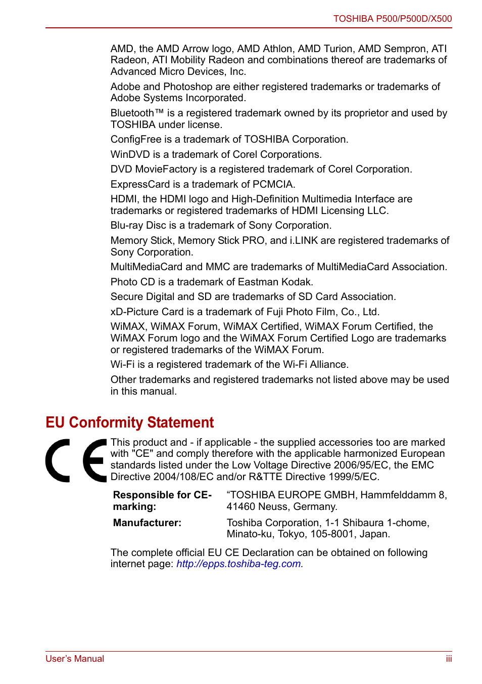 Eu conformity statement | Toshiba SATELLITE P500 User Manual | Page 3 / 202