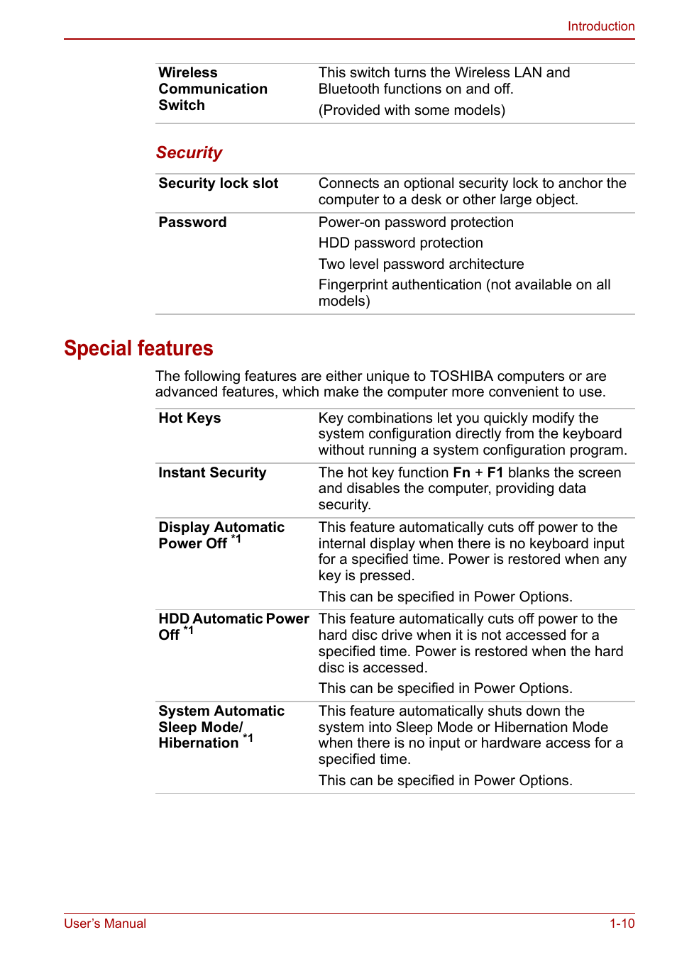 Special features, Special features -10 | Toshiba SATELLITE P500 User Manual | Page 33 / 202