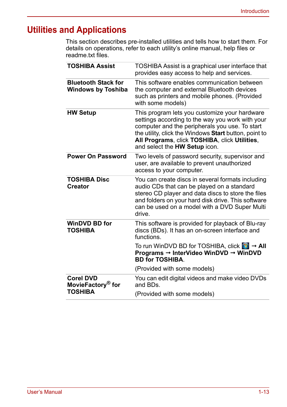 Utilities and applications, Utilities and applications -13 | Toshiba SATELLITE P500 User Manual | Page 36 / 202