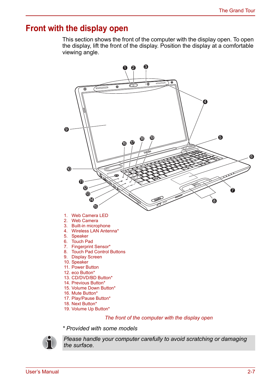 Front with the display open, Front with the display open -7, Provided with some models | Toshiba SATELLITE P500 User Manual | Page 46 / 202