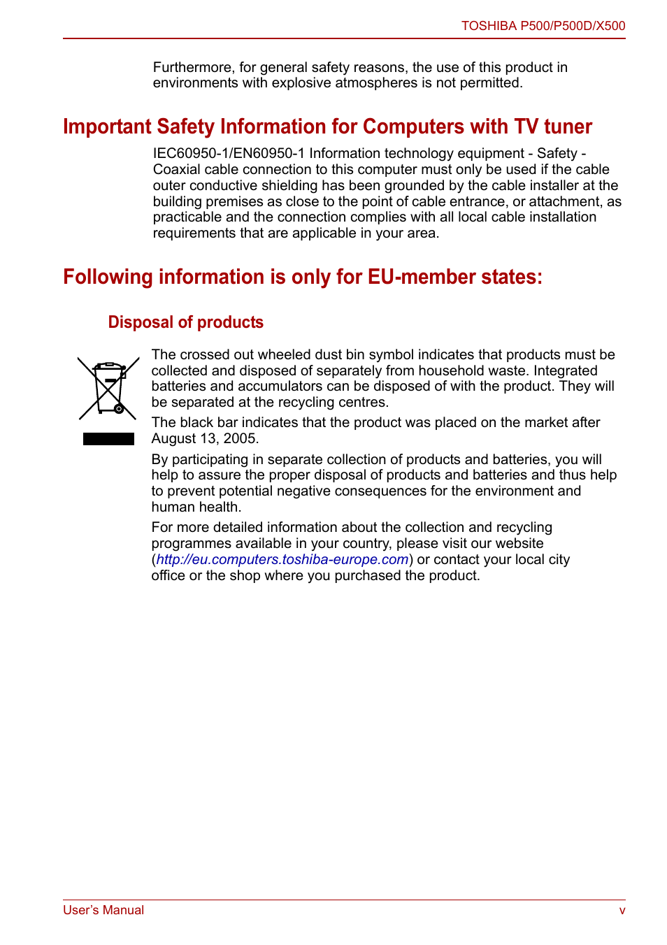 Following information is only for eu-member states | Toshiba SATELLITE P500 User Manual | Page 5 / 202